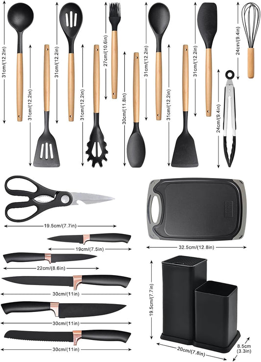 19 Pcs Silicone Kitchen Utensil Set, Heat Resistant Cooking Tools with Wooden Handles | طقم أدوات المطبخ سيليكون 19 قطعة، أدوات طبخ مقاومة للحرارة بمقابض خشبية