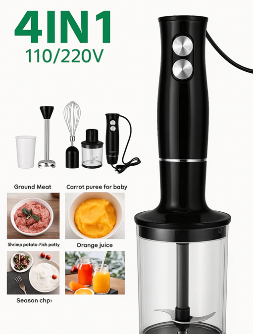 4-in-1 Hand Blender Set 500W with Chopper, Whisk & Beaker