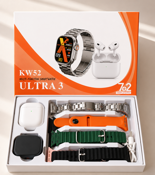 Ultra 52 Smartwatch Bundle – Watch, Earbuds & 7 Straps Included.