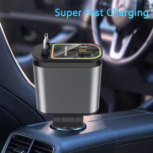 4-in-1 Car Charger with Retractable Cable, Atmosphere Lamp & Star Light, 120W USB Type-C Car Phone Charger Adapter, Dual Ports 12-24V شاحن سيارة 4 في 1 بكابل قابل للسحب، مصباح جوي وضوء النجوم، شاحن سيارة USB Type-C بقوة 120 واط، منافذ مزدوجة 12-24 فولت